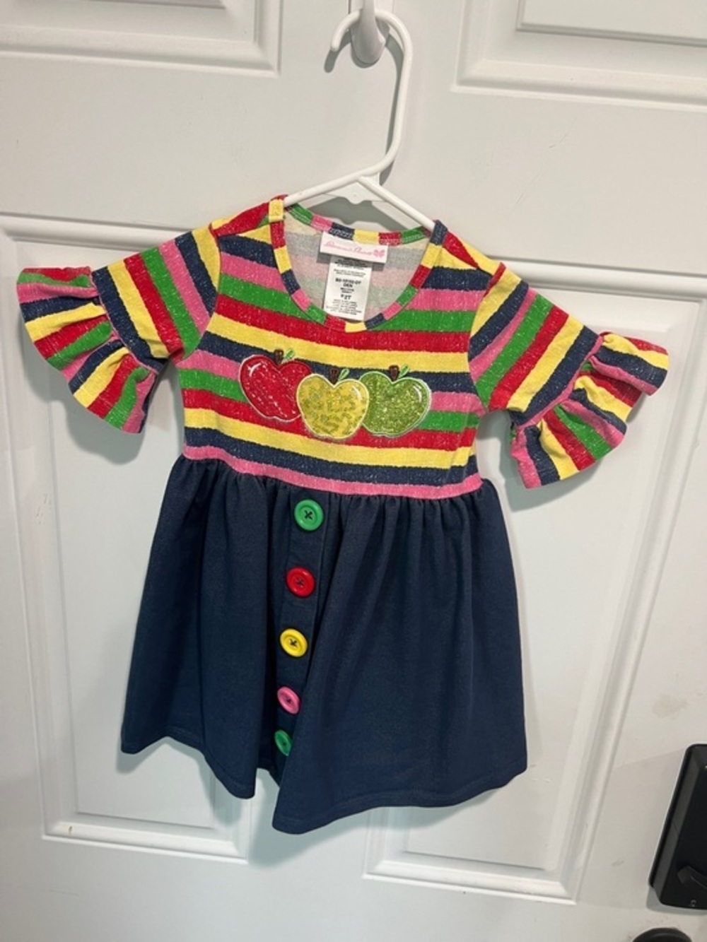Bonnie Jean Navy Dress with Rainbow Stripes & Apple Appliqués